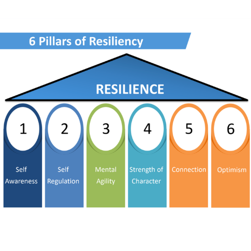 The 6 Pillars of Resiliency infographic: self-awareness, self-regulation, mental agility, strength of character, connection, optimism